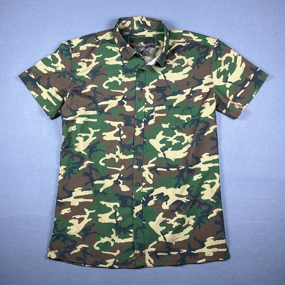 Warrior Mens Camo Short Sleeve Button Up Shirt Green Brown Stretch Size M